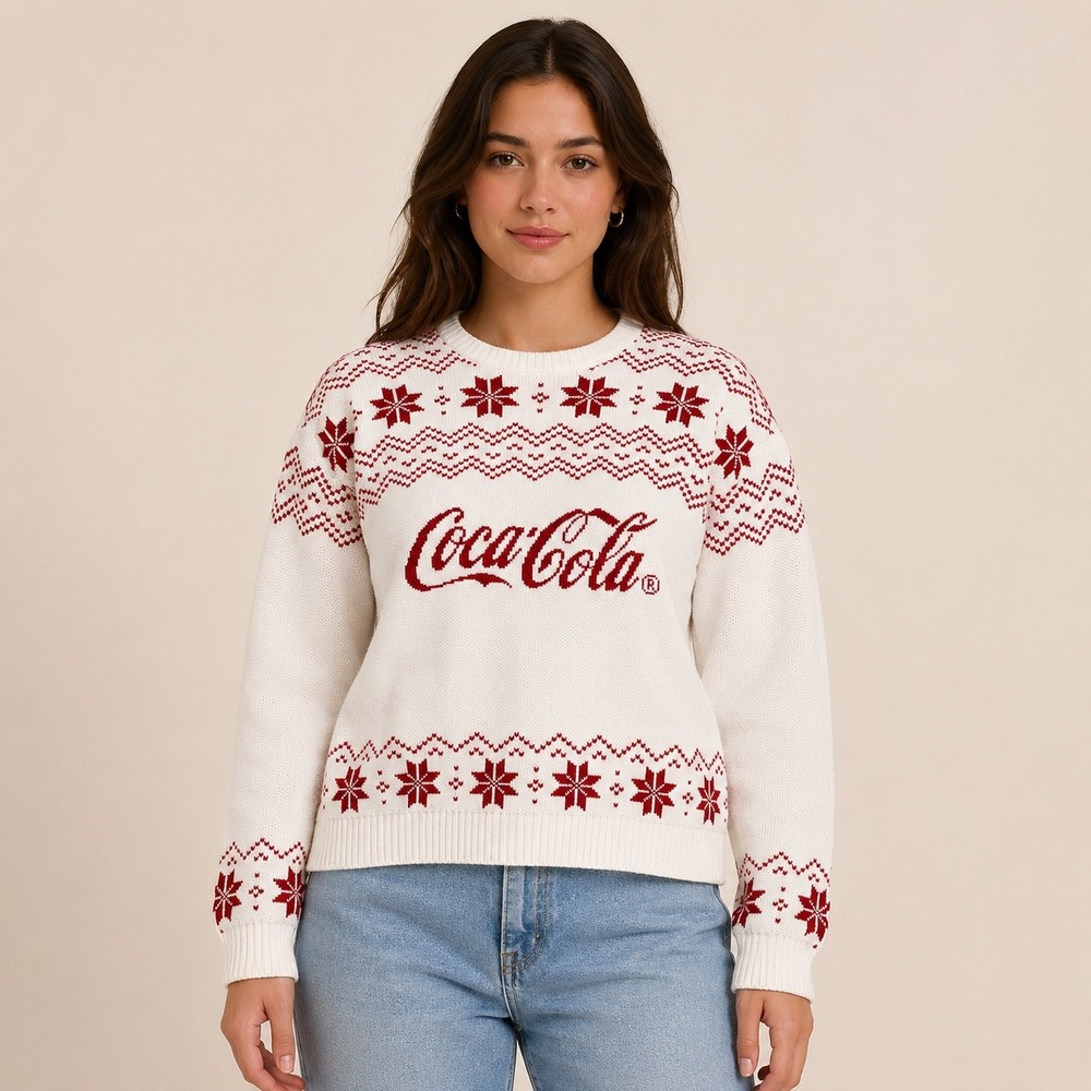 Coca-Cola PacSun Sweater Women Medium White Red Fair Isle Knit Holiday Pullover